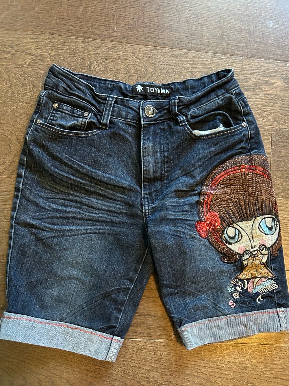 Vtg Toyama Y2K Embroidered Sequin Anime Doll Denim Jorts Shorts Size M Stretch